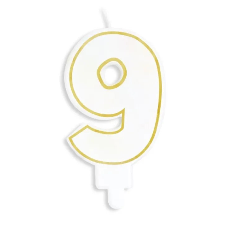 Bougie chiffre 9 blanche avec liseré doré
