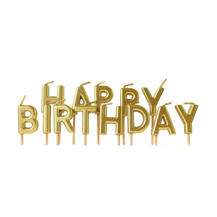 Bougies "Happy Birthday" dorées pour déco gâteaux d'anniversaire