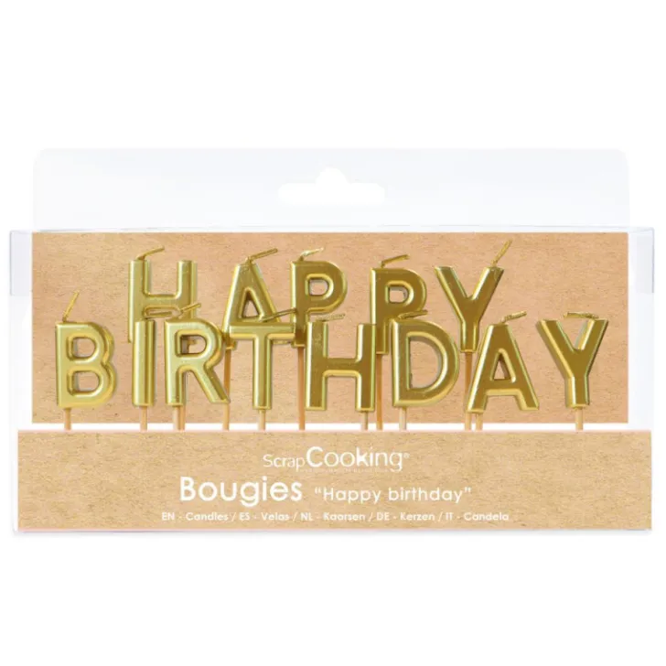 Bougies "Happy Birthday" dorées pour déco gâteaux d'anniversaire