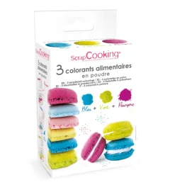 3 colorants en poudre bleu, vert, pourpre