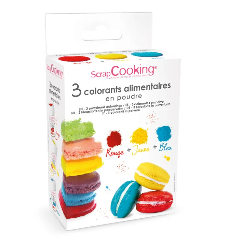 3 colorants en poudre jaune, rouge, bleu