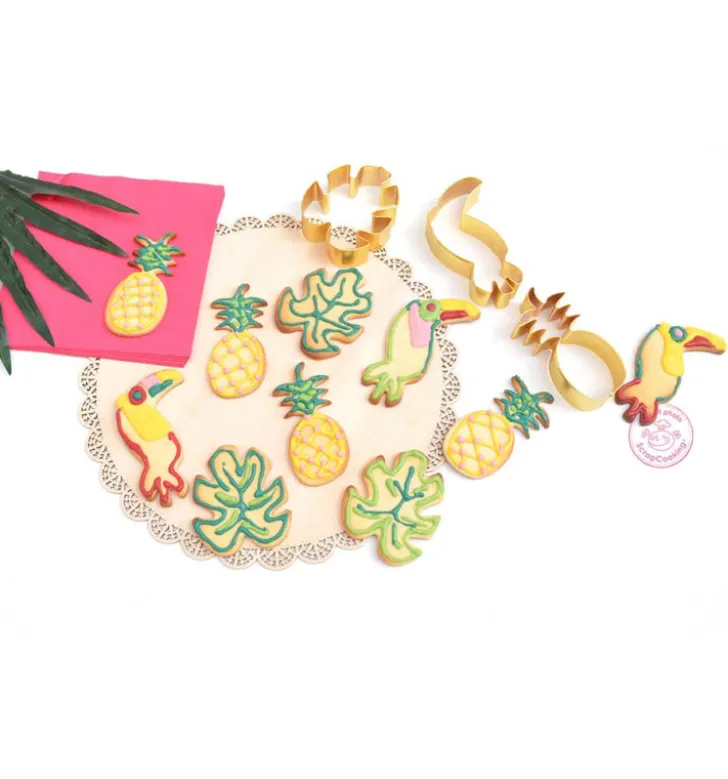 3 emporte-pièces dorés toucan/ananas/feuille
