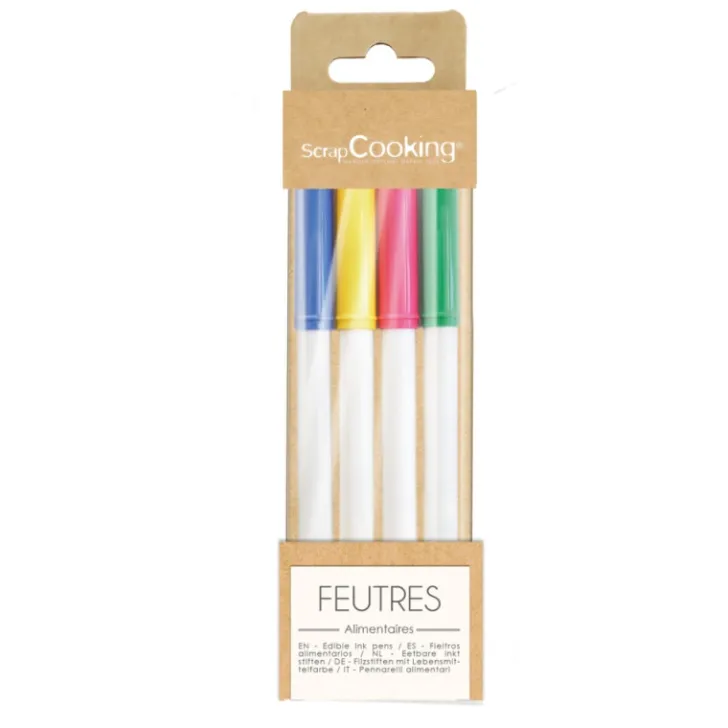4 feutres alimentaires jaune, vert, rose, bleu