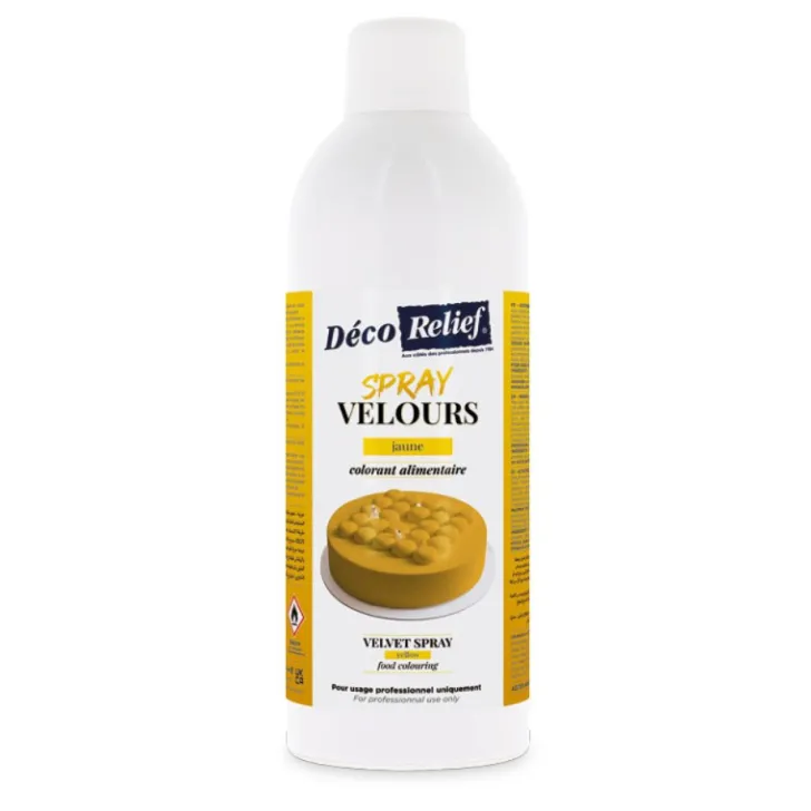 Spray velours alimentaire en bombe jaune effet velours pour pâtisserie - 400 ml