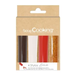 4 stylos déco blanc, rouge, marron & doré